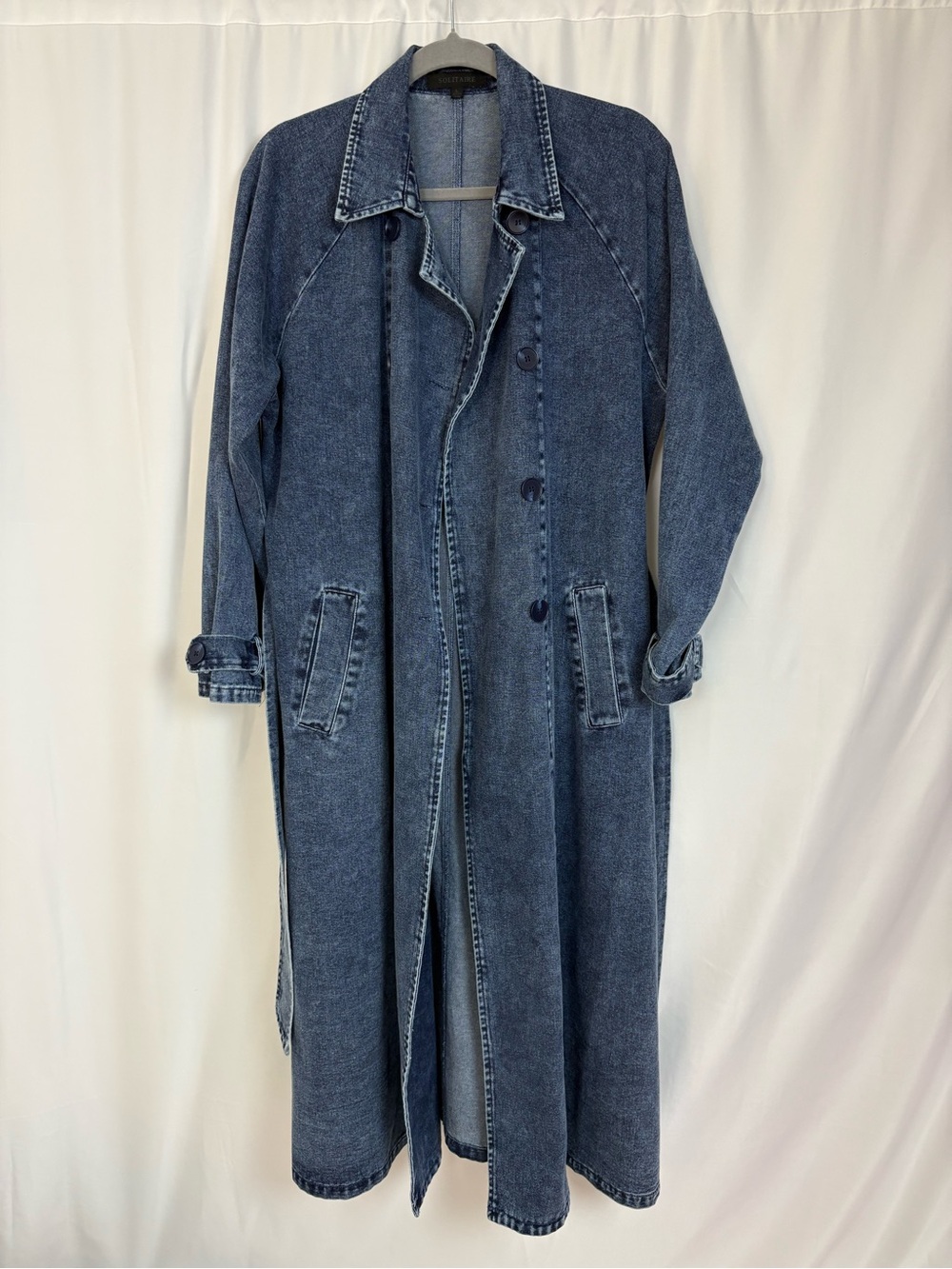 Solitaire Women’s Long Denim Coat Jacket in Blue L